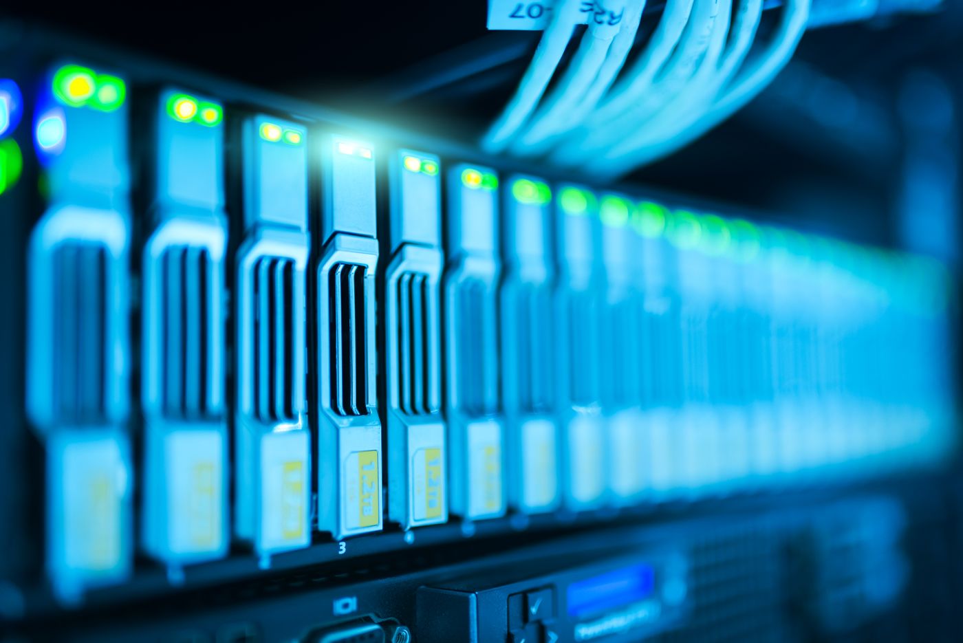 Enterprise server drive bays and labeled rack cabling